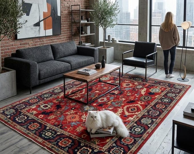 8.10 X 11.4 ft Red and Blue Floral Handmade ,Heriz Cotton and Wool