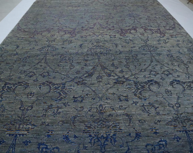 8x10 Gray and Blue Afghan Wool Rug – Hand Knotted Floral Design