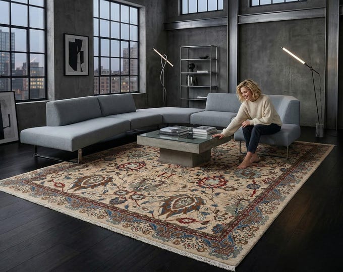 8.8 X 11.8 ft Beige and Beige Floral Handmade ,Heriz Cotton and Wool