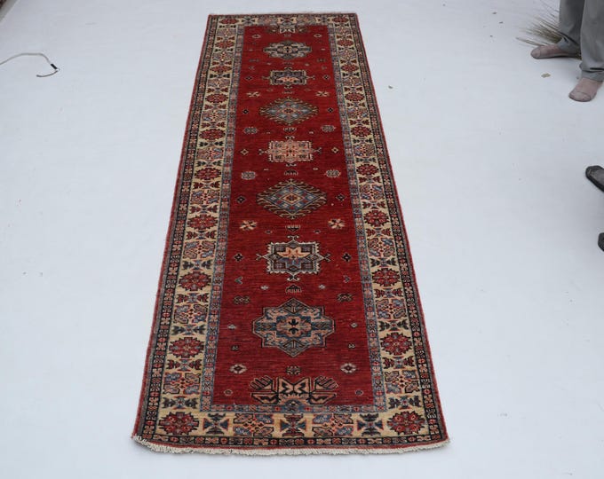 3 X 8 ft Red and Beige Geomatrical Handmade Runner , Super Kazak Cotton and Wool
