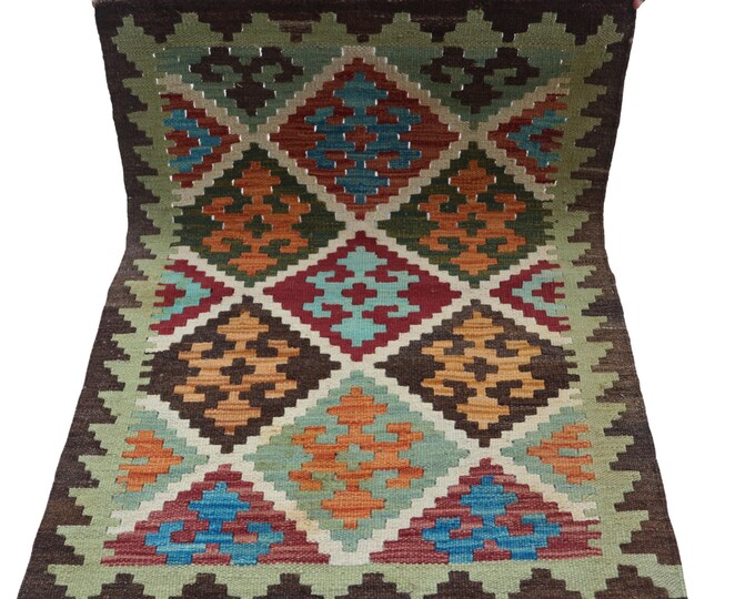 2 X 3 ft Handmade Geometrical Killim Rug, Muilty, Wool