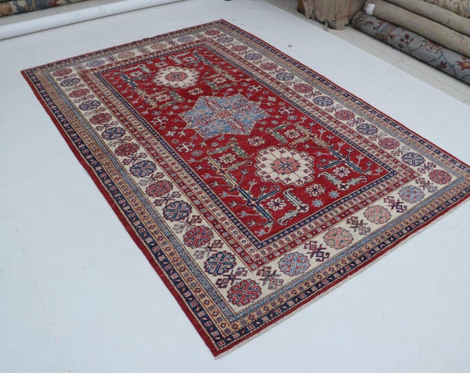 5 X 8 ft Red and Beige Geomatrical Handmade, Super Kazak Cotton and Wool5 X 8