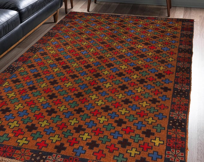 Hand-knotted Baluchi Brown and Blue, 3.93 x 6.56 ft