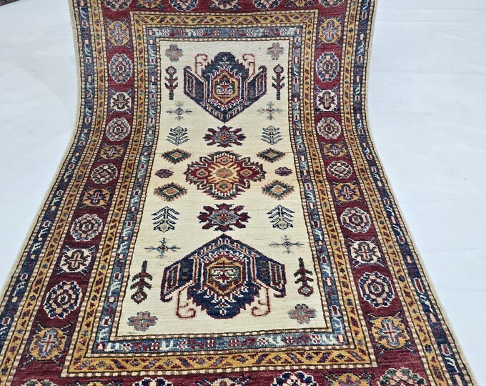 2.5 X 4 ft Handmade Geometrical Super Kazak Rug, Beige and Red, Cotton and Wool