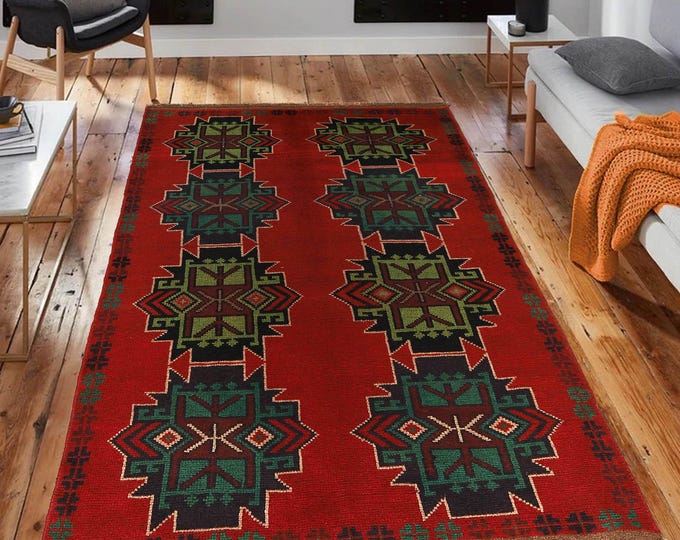 Hand-knotted Baluchi Green and Orange, 3.93 x 6.56 ft