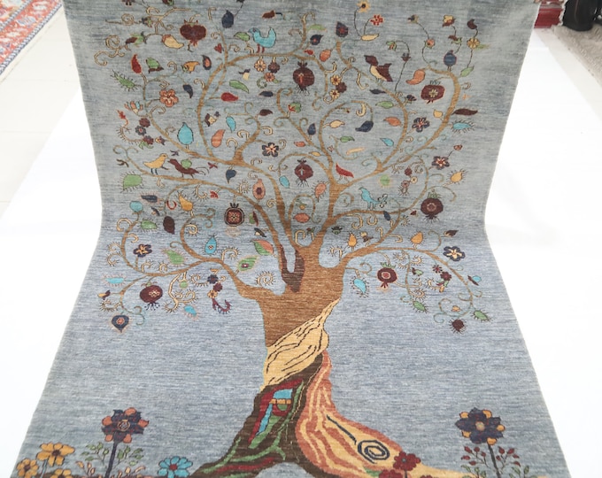 Handmade Wool Gabbeh Rug (5.7x7.7 ft) - Gray Afghan Tree of Life Design