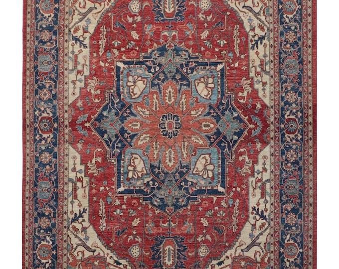 10 X 14 ft Handmade Floral Chobi Rug, Red and Blue, Cotton and Wool