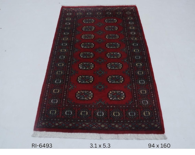Hand-knotted Mohri Bokhara Cotton and Wool Rug Geomatrical in Red and Red border, 3.1 x 5.3 ft