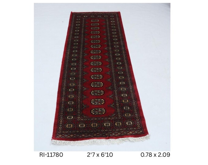 Hand-knotted Mohri Bokhara Cotton and Wool Rug, Geomatrical in Red base and Red border, 2.7 x 6.10 ft