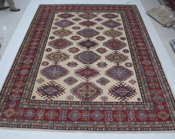 8.11 X 11.8 ft Beige and Red Geomatrical Handmade, Super Kazak Cotton and Wool