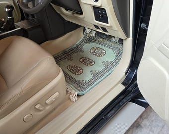 1.5 X 2 ft Geomatric Handmade Car Mats Pair, Green Wool Car Floor Rugs, Cotton and Wool Car Mats