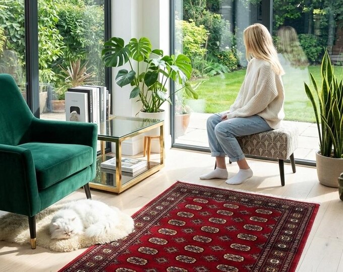 3.0 X 4.9 ft Red Geomatrical Handmade Runner, Mori Bokhara Cotton and Wool