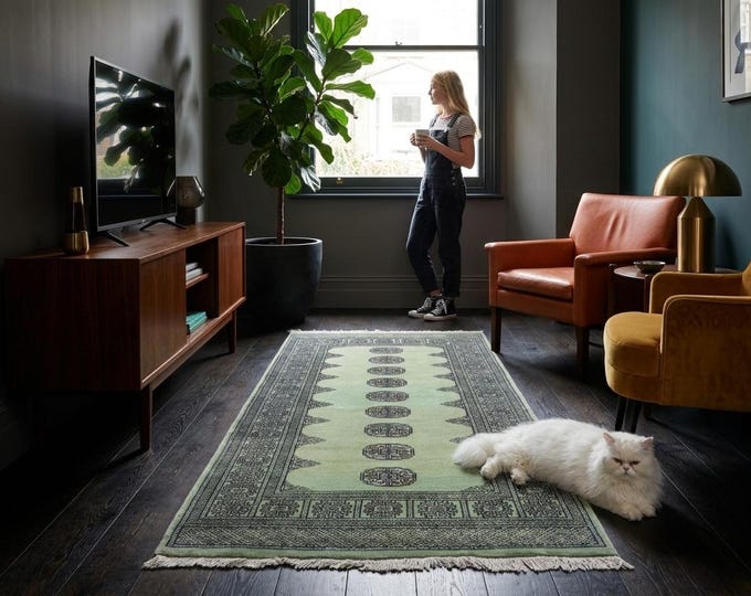 3.1 X 5.1 ft Green Geomatrical Handmade , Mori Bokhara Cotton and Wool