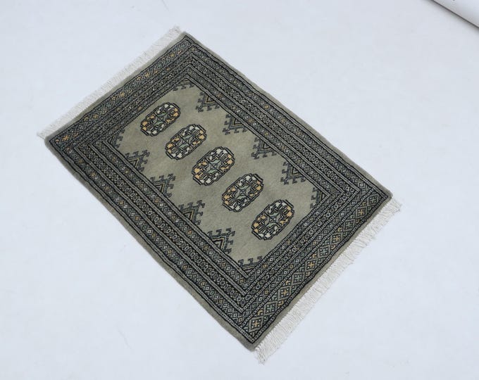 2.1 X 3.1 ft Gray Geomatrical Handmade, Mori Bokhara Cotton and Wool