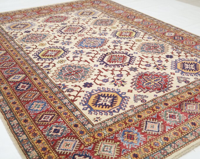 Beige Kazak Area Rug 6x8 – Hand-Knotted Afghan Wool Rug