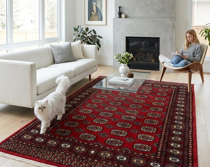 4.2 X 5.7 ft Red Geomatrical Handmade, Mori Bokhara Cotton and Wool