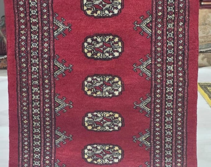 2 X 3 ft Red Geometrical Handmade, Mori Bokhara Cotton and Wool