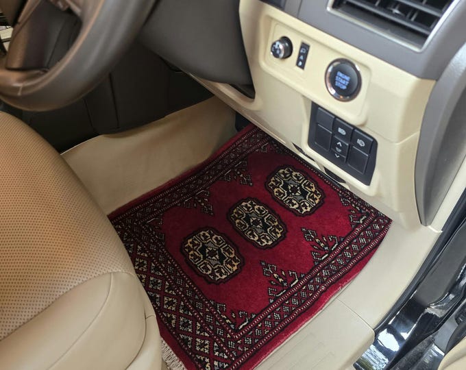 1.5 X 2 ft Geomatric Handmade Car Mats Pair, Red Wool Car Floor Rugs, Cotton and Wool