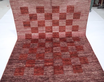 Hand Knotted Gabbeh Rug – 5x6 Light Burgundy Checkered Afghan Wool Area Rug