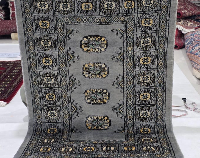 2.5 X 4 ft Gray Geometrical Handmade, Mori Bokhara Cotton and Wool
