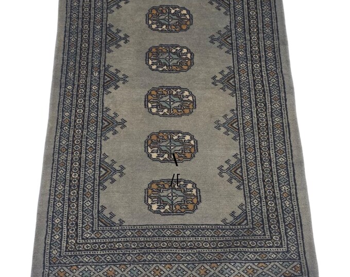 2 X 3 ft Gray Geometrical Handmade, Mori Bokhara Cotton and Wool