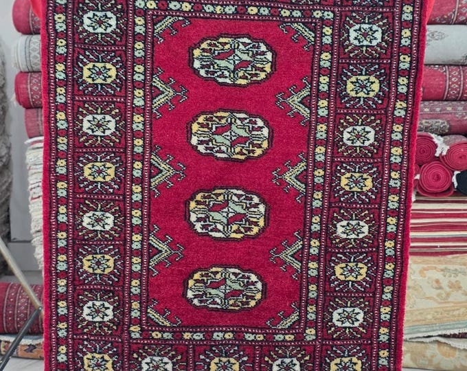 2 X 3 ft Red Geometrical Handmade, Mori Bokhara Cotton and Wool