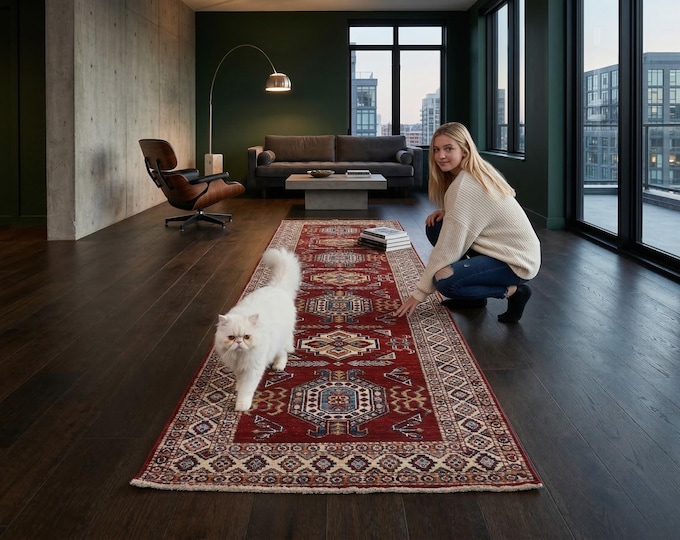 2.3 X 8.3 ft Red and Beige Geomatrical Handmade Runner , Super Kazak Cotton and Wool