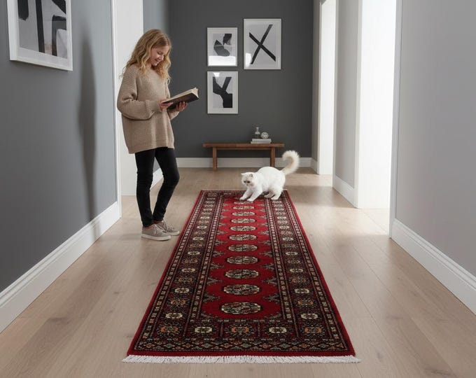 2.1 X 6.3 ft Red Geomatrical Runner Handmade, Mori Bokhara Cotton and Wool