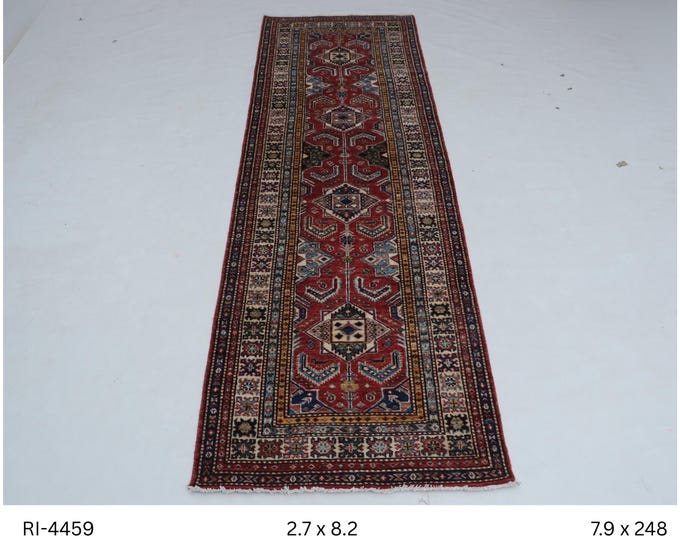 Hand-Knotted Super Kazak Rug, Red Geometric Cotton & Wool, 2.7 x 8.2 ft