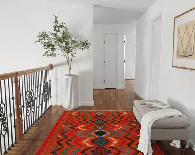 Hand-knotted Baluchi Orange and Red, 3.93 x 6.56 ft