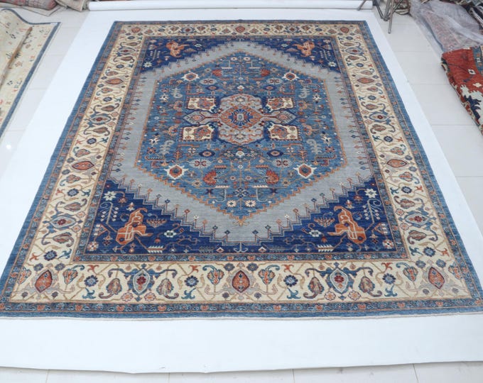 9.0 X 11.7 ft Blue and Beige Floral Handmade ,Heriz Cotton and Wool