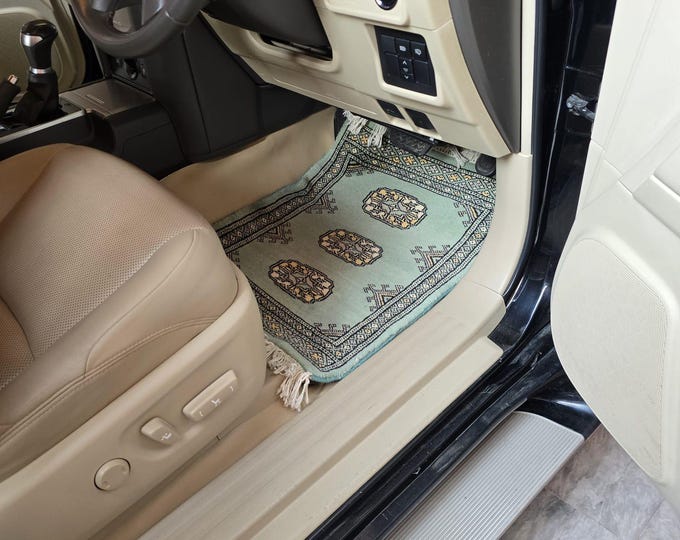 1.5 X 2 ft Geomatric Handmade Car Mats Pair, Green Wool Car Floor Rugs, Cotton and Wool Car Mats