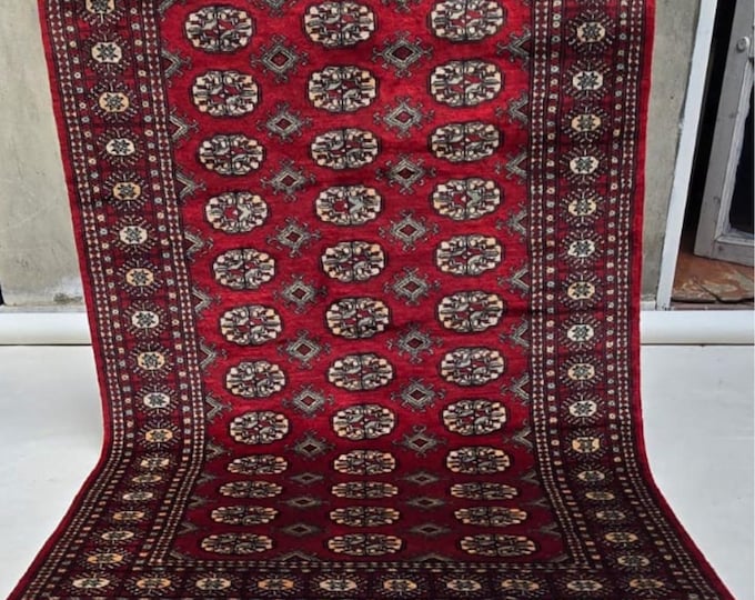 4 X 6 ft Red Geometrical Handmade , Mori Bokhara Cotton and Wool