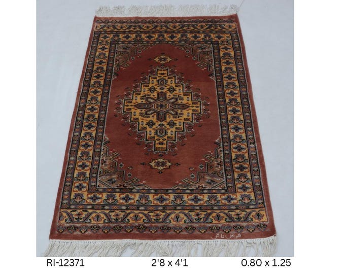 Hand-Knotted Wool and Silk Touch Rug, Copper Geometric Design, 2.8 x 4.1 ft