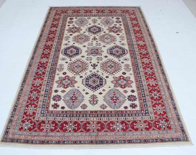 5.1 X 7.10 ft Beige and Red Geomatrical Handmade, Super Kazak Cotton and Wool