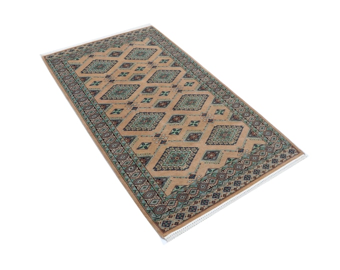 3 X 5ft Beige and Green Geomatrical Handmade, Fine Jaaldar Cotton and Worsted Wool