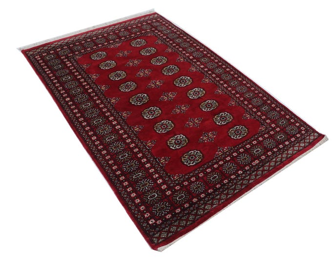 4.1  X 6.0 ft Red Geomatrical Handmade Runner, Mori Bokhara Cotton and Wool