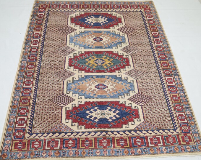 6x8 Light Brown Kazak Rug – Afghan Handmade Geometric Wool Area Rug