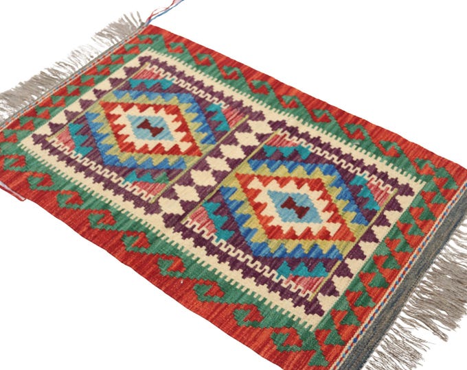 2 X 3 ft Handmade Geometrical Killim Rug, Muilty, Wool