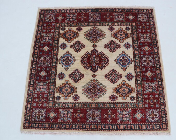 3 X 3 ft Beige and Red and Red Geomatrical Handmade , Super Kazak Cotton and Wool