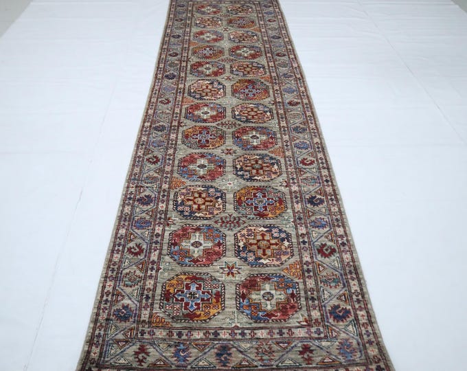 Hand Knotted Afghan Wool Runner Rug, Geometric Tribal Design, 2.6 x 9.6 Ft