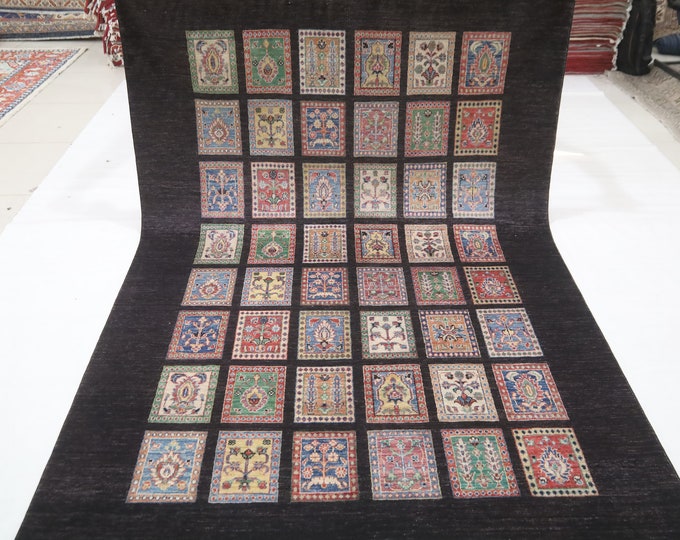 Black Afghan Check Area Rug 6x9 – Hand-Knotted Organic Wool