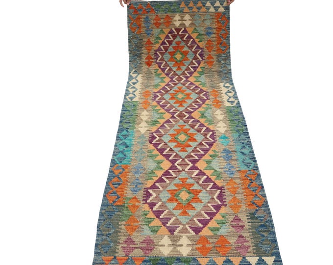 2.5 X 6.5 ft Runner Handmade Geometrical Killim Rug, Muilty, Wool