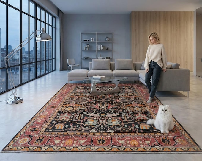 9.2 X 12.0 ft Black and Copper Floral Handmade ,Heriz Cotton and Wool