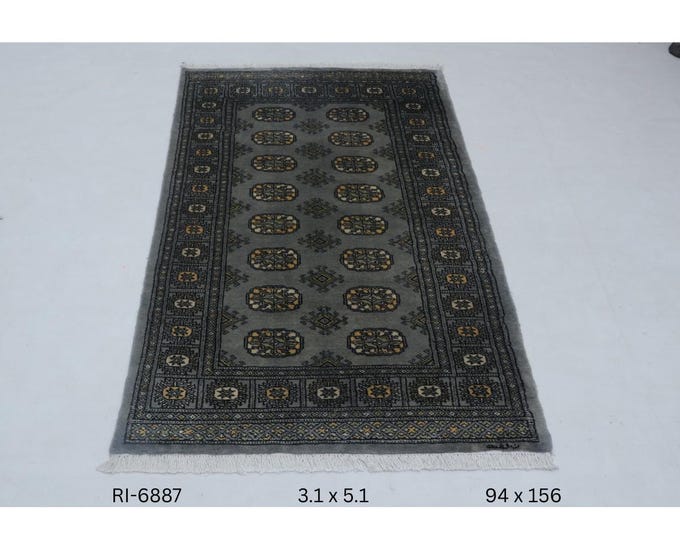 Hand-knotted Mohri Bokhara Cotton and Wool Rug, Geomatrical in Gray base and Gray border, 3.1 x 5.1 ft