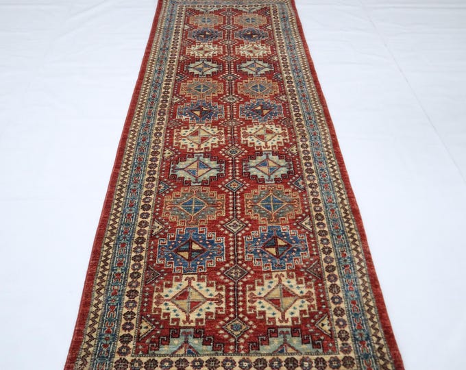7ft Afghan Chobi Runner Rug, Hand Knotted Wool, Rusty Red Geometric Design