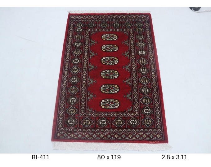 2.8 X 3.1 ft Red Geomatrical Handmade, Mori Bokhara Cotton and Wool