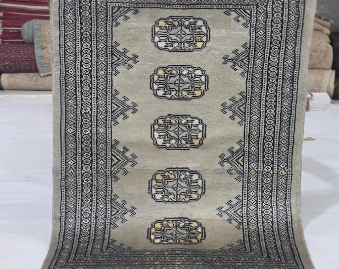 2 X 3 ft Gray Geometrical Handmade, Mori Bokhara Cotton and Wool