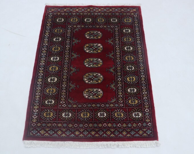 2.8X 3.8 ft Red Geomatrical Handmade Runner, Mori Bokhara Cotton and Wool