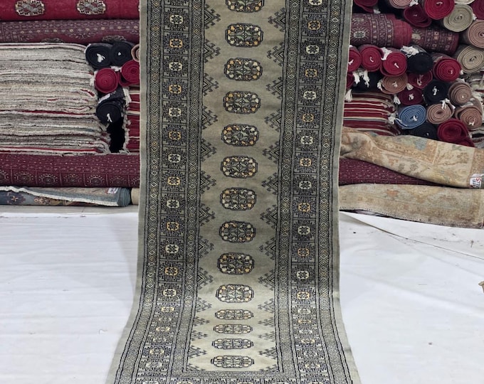 3 X 8 ft Gray Geomatrical Handmade Runner, Mori Bokhara Cotton and Wool